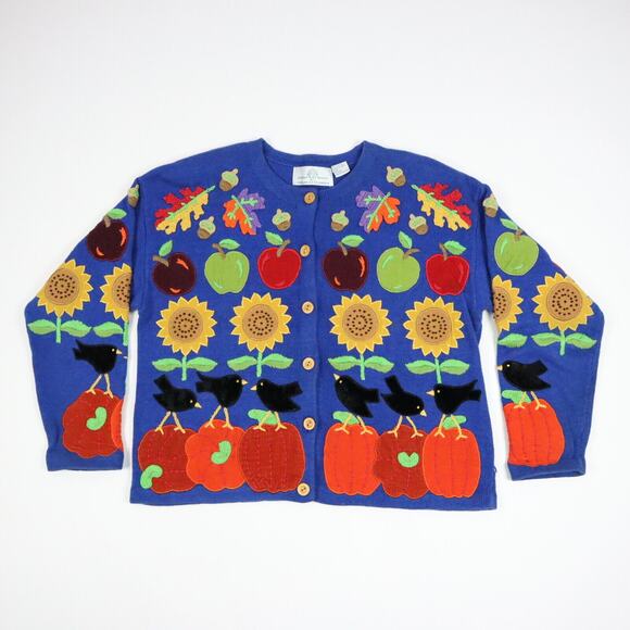 Design Options Philip Jane Gordon Cardigan Sweater Fall Flowers Birds Large - Picture 1 of 15